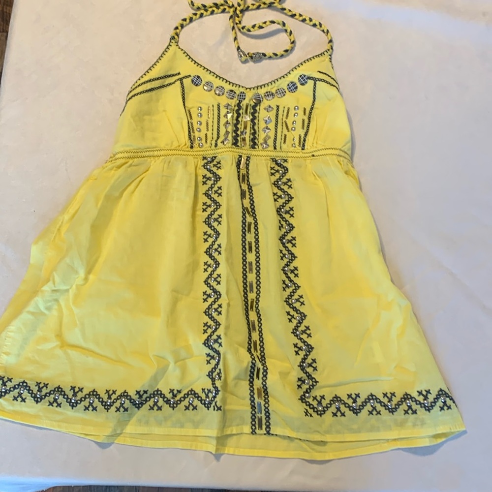 Embellished, yellow, and black halter top